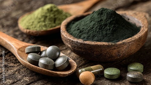 A detailed close-up shows fresh spirulina powder alongside its supplements arranged on a wooden surface, highlighting natural texture, color, and organic origin