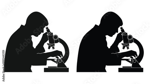Scientist examining a sample under a microscope detailed black silhouette