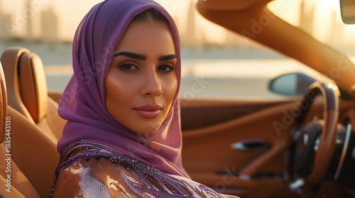Glamorous Muslim woman in couture purple hijab with metallic threading, sitting in luxury sports car interior, premium leather seats, sophisticated styling