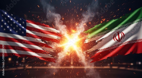 Usa and iran flag collision with explosion in between