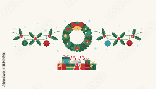 Traditional Christmas decorations with wreath holly gifts and candy canes on a neutral background