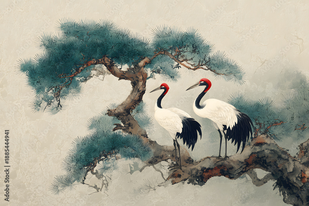 Obraz premium Elegant Red-Crowned Cranes on Pine Branch