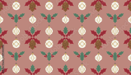Festive seamless Christmas pattern featuring ornaments holly berries and pine cones