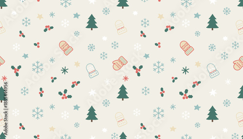 Seamless Christmas winter pattern with pine trees snowflakes mittens and holly berries Festive illustration