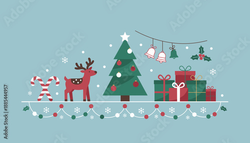 Cute Christmas scene illustration with reindeer gifts tree and candy canes for holiday greetings