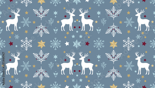 Festive Nordic winter seamless pattern featuring white reindeer snowflakes and stars on a blue background