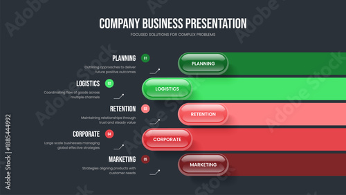 Service Growth Five Option Infographic Slide Template. Visual Visualization Presentation Layout Vector Illustration. Modern Overview 5 Element Diagram Slideshow Design.