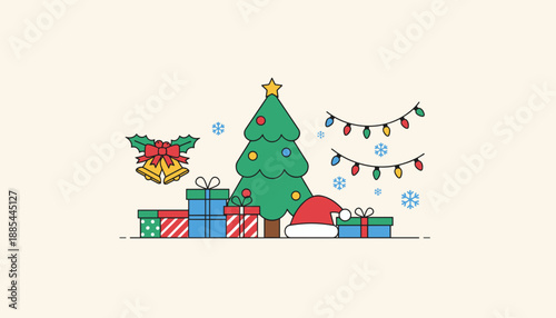 Holiday cheer illustration Decorated Christmas tree festive gifts Santa hat lights and bells