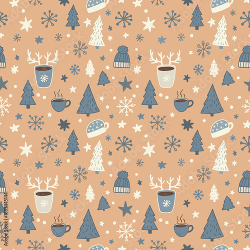 Handdrawn winter pattern cozy Christmas trees snowflakes stars and warming hot chocolate mugs