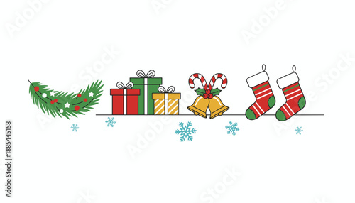 Merry Christmas illustration border with festive gifts stockings and holiday design elements