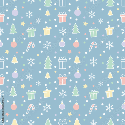 Pastel Christmas seamless pattern with cute doodles of trees gifts snow and ornaments on a blue background