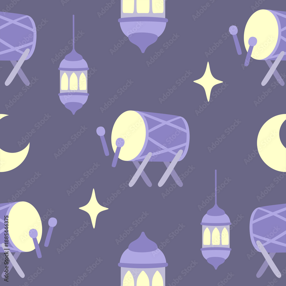 Fototapeta premium Ramadan Night Seamless Pattern with Traditional Drum Lantern Moon and Stars