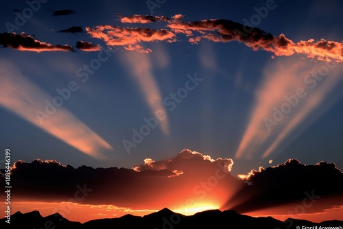 Dramatic sunset with radiant crepuscular sun rays over silhouetted mountains and clouds, warm sky