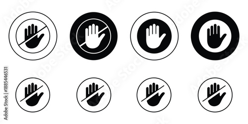 No entry hand sign icon flat outline fill set collection featuring stop gesture and restricted access symbols