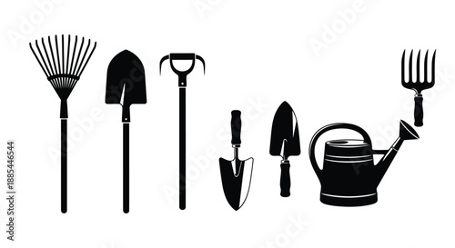 Gardening tool icons set. Vector shovel, rake, watering can and trowel