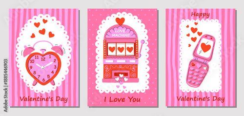 Set of playful Valentine’s Day cards with cute romantic vintage illustrations, heart-shaped alarm clock, slot machine, mobile phone. Red and pink colors. Cheerful designs perfect for love greetings