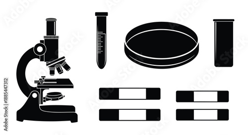 Microscope and lab icons set. Vector test tube, petri dish and slide