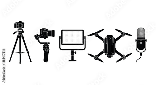 Video production icons set. Vector camera, drone, light and mic