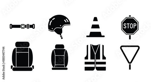 Road safety icons set. Vector helmet, seatbelt, cone and sign