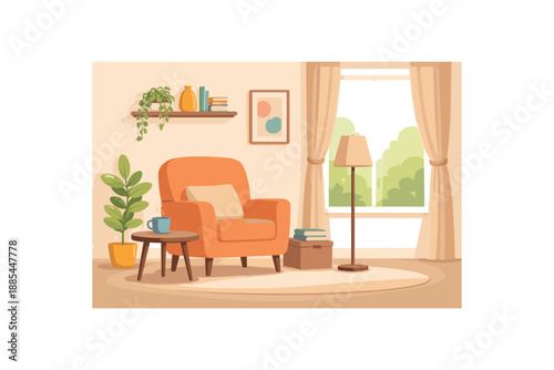 Flat vector illustration of calm living room reading nook with armchair silhouette side table and floor lamp style clean 2D shapes no outlines minimal details layered depth simplified