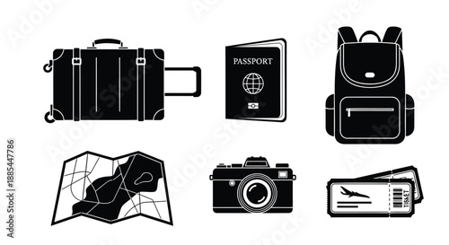 Travel holiday icons set. Vector suitcase, passport and camera