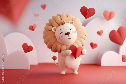 Cute cartoon lion holding heart with floating love symbols on pastel background