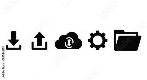Data transfer icons set. Vector download, upload, cloud and folder