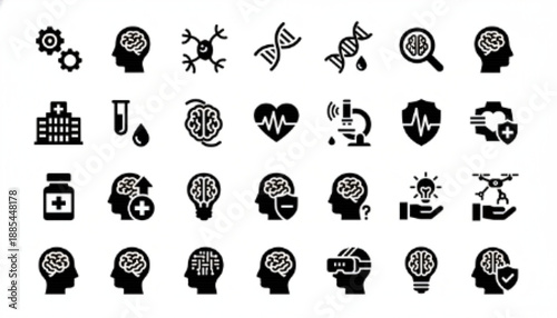Black and White Icons for Science, Medicine, and Brain Technology