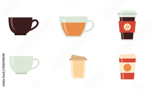 Coffee cup and hot drink flat vector icons set for takeaway beverages isolated on white