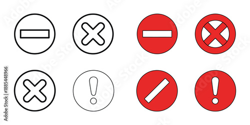 No entry sign, no sign icon set featuring universal prohibition and restriction symbols, clean flat vector illustration isolated on white background for road signs