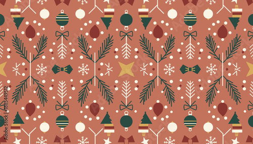 Nordic style Christmas seamless pattern with festive ornaments pine and snowflakes Ideal for backgrounds