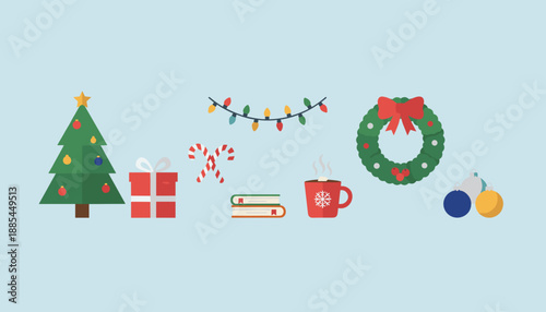 Minimalist Christmas holiday elements illustration for winter celebration reading and cozy design