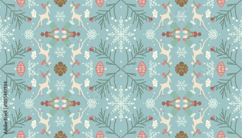 Cozy winter holiday pattern reindeer snowflakes pine cones and berries on pastel blue