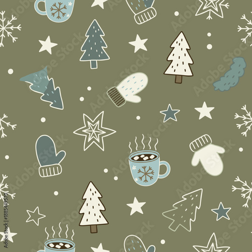 Cozy handdrawn winter pattern with festive trees mittens and hot cocoa mugs Seasonal background design
