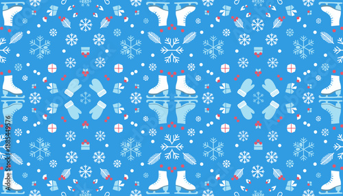 Blue winter seamless pattern with ice skates snowflakes mittens and holiday elements
