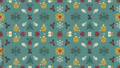A vintage holiday pattern featuring ornaments snowflakes and gifts on a teal background Christmas design
