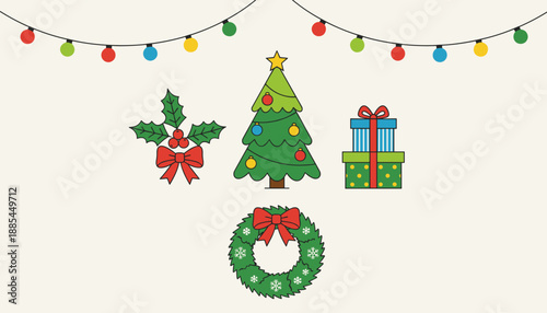 Festive Christmas vector icons tree gifts holly wreath and lights Holiday celebration design elements