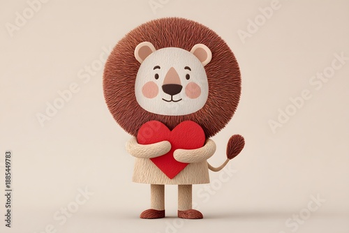 Cute cartoon lion holding red heart isolated on pastel background