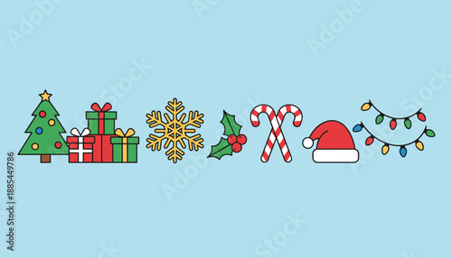 Festive Christmas icon set tree gifts snowflake holly candy canes Santa hat and lights