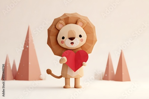 Cute cartoon lion holding red heart isolated on pastel background