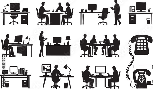 Corporate Office Workspace and Business People Icons Set