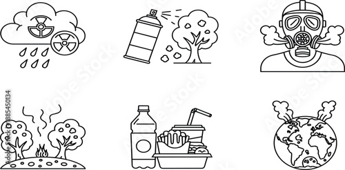 Minimalist black linear environmental icon set featuring acid rain, toxic spray, gas mask, forest fire, plastic waste, and global warming,
