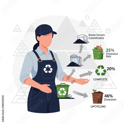 Waste stream coordinator illustrates efficient material diversion percentages for recycling, composting, and upcycling programs effectively.