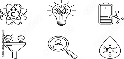 Science, technology, icons, set, featuring, atom, lightbulb, idea, innovation, battery, energy, filter, magnifying, glass, search, drop, molecule, line, vector, graphic.