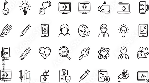 Digital Medical Technology and Health Care Outline Icons