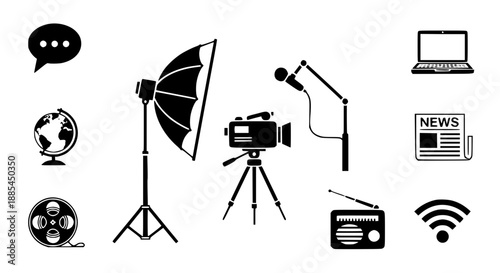 Comprehensive Media and Broadcasting Icon Set Featuring News Production Equipment, Global Communication Tools, and Digital Journalism