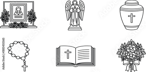 Funeral, memorial, icons, set, featuring, urn, rosary, bible, angel, statue, funeral, portrait, bouquet, flowers, religious, cross, thin, line, vector, graphic.