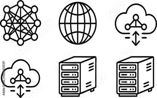 Global Network and Cloud Server Linear Icon Set