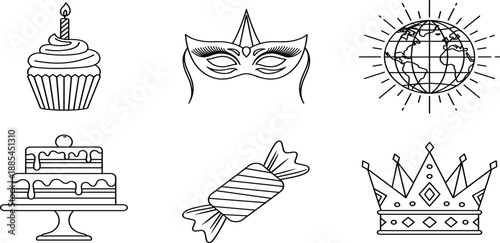 Advanced artificial intelligence and technology icons set including robotic brain, smart mobile scanning, carnival mask, birthday cake, and royal crown.