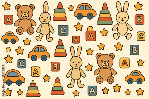 Kids Toys Pattern Repeating soft toys blocks cars and stars for kids fabric wrapping paper and nursery decor.